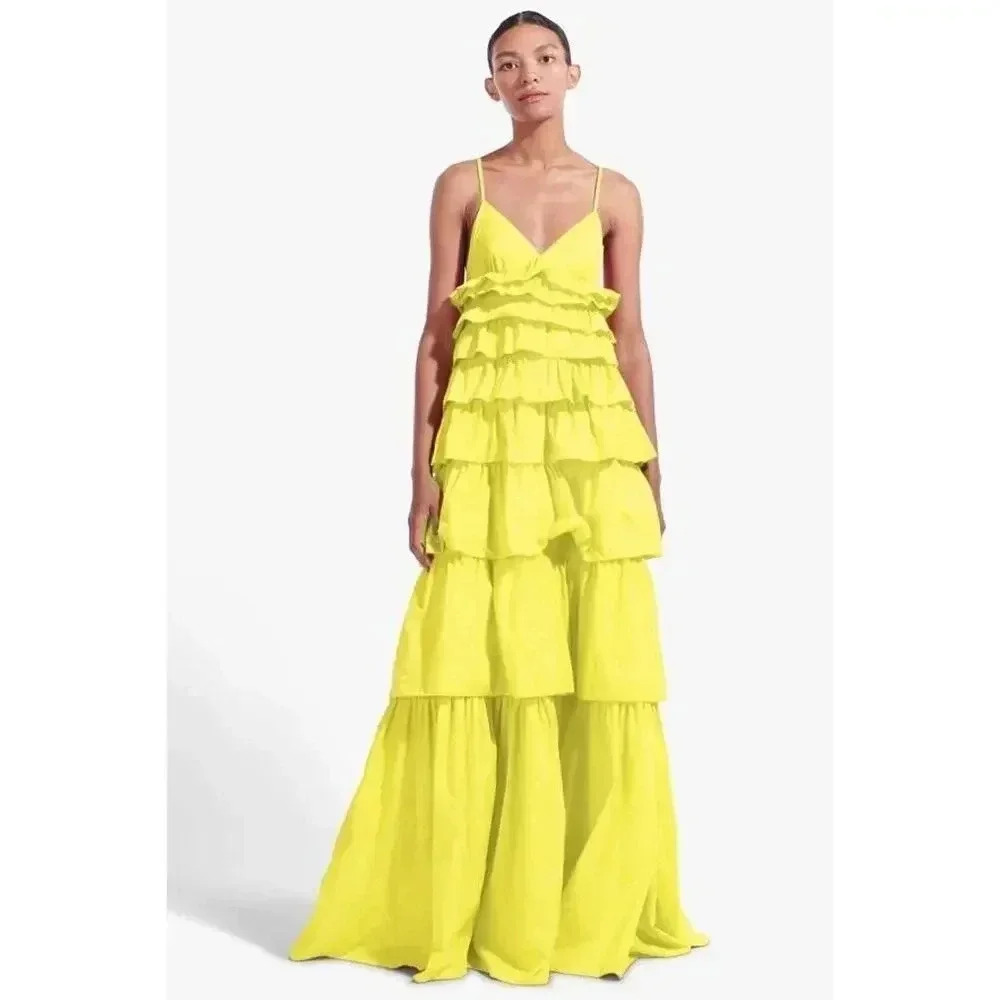 Staud Rylie Green Sleeveless Tiered BOUGAINVILLEA Ruffled Maxi Dress Sz L - Picture 9 of 16